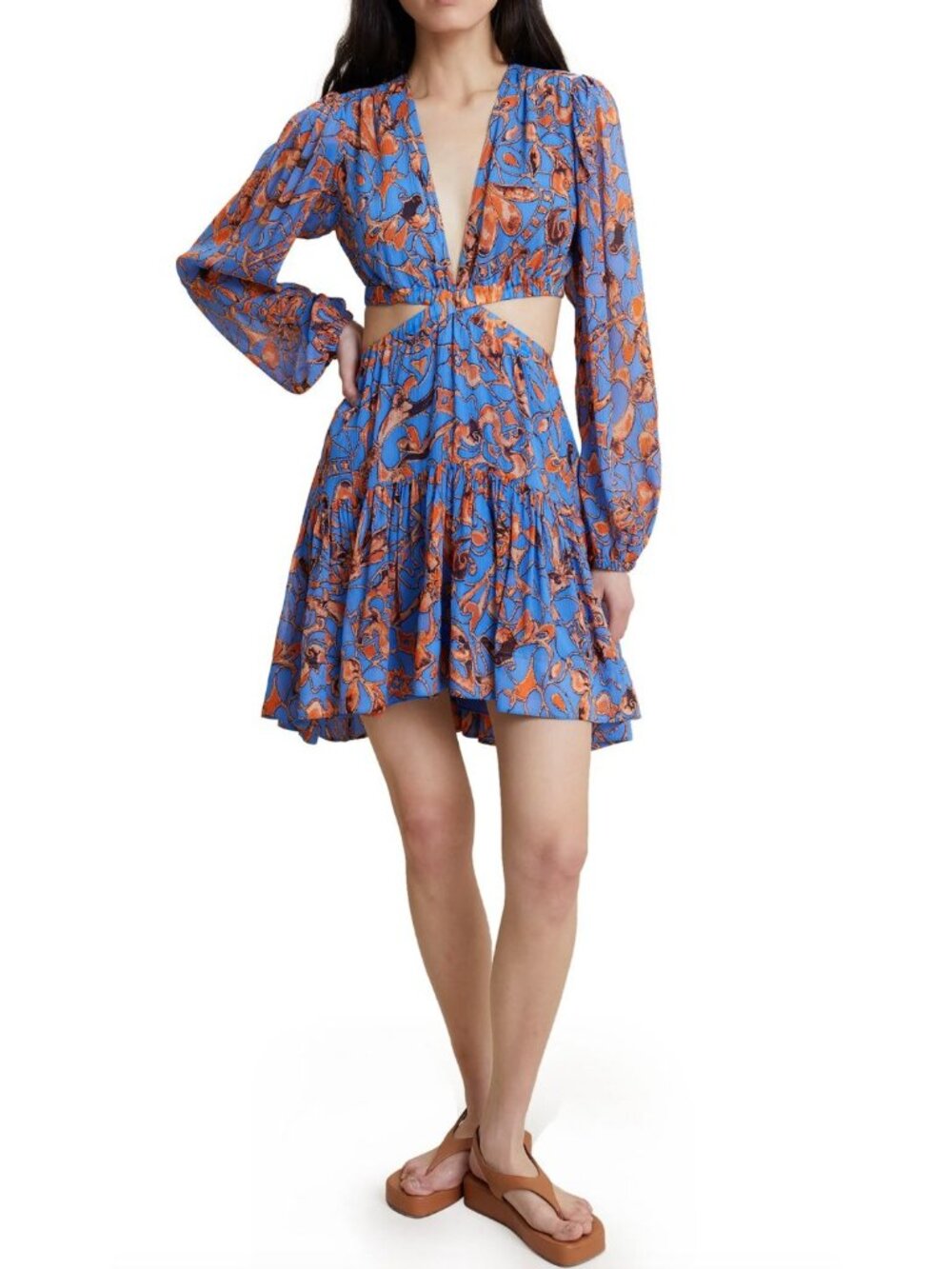 A.L.C. Izzy Cutout Long Sleeve Silk Mini Dress Blue Orange Floral Print Size 0